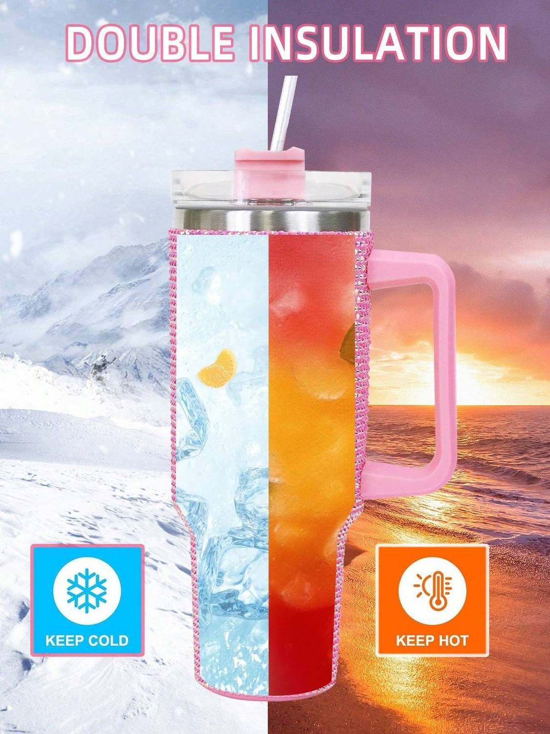 Double Insulated Stainless Steel Tumbler Mug with Handle & Straw – Keeps Drinks Hot or Cold