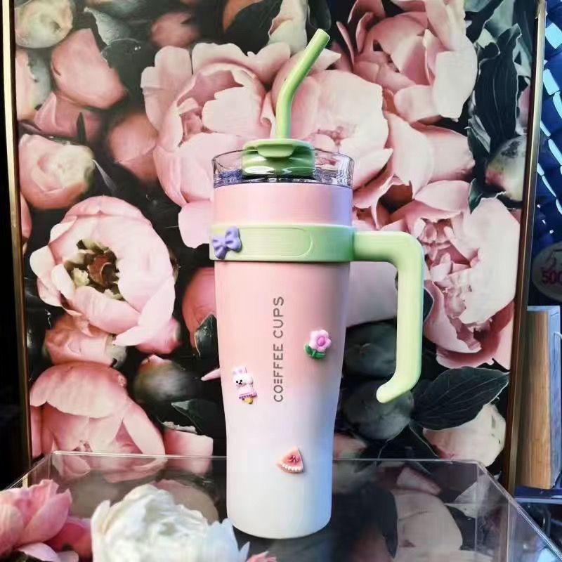 Cute Pastel Coffee Tumbler with Handle, Straw & 3D Charms