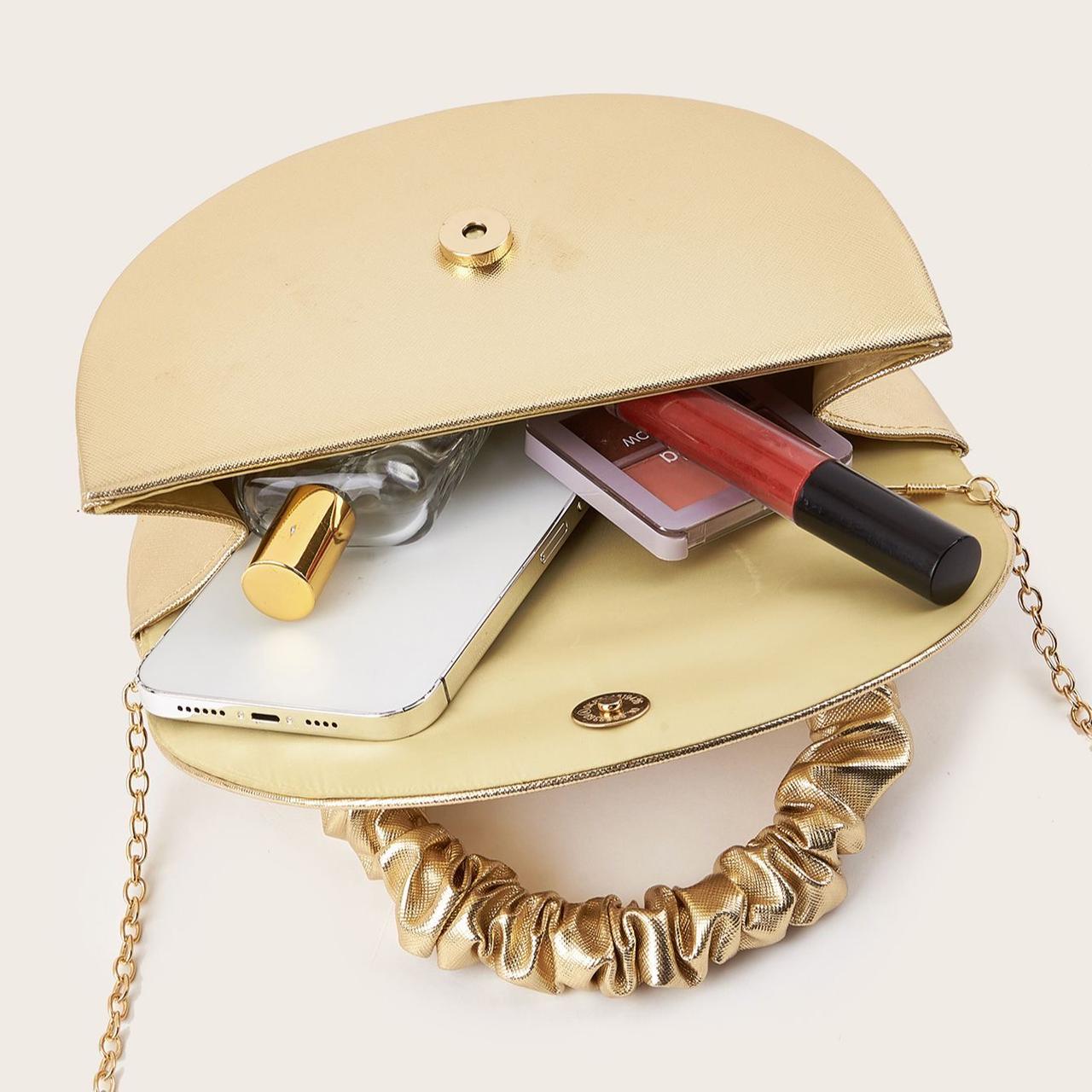 Elegant Gold Evening Clutch with Ruched Handle & Chain Strap