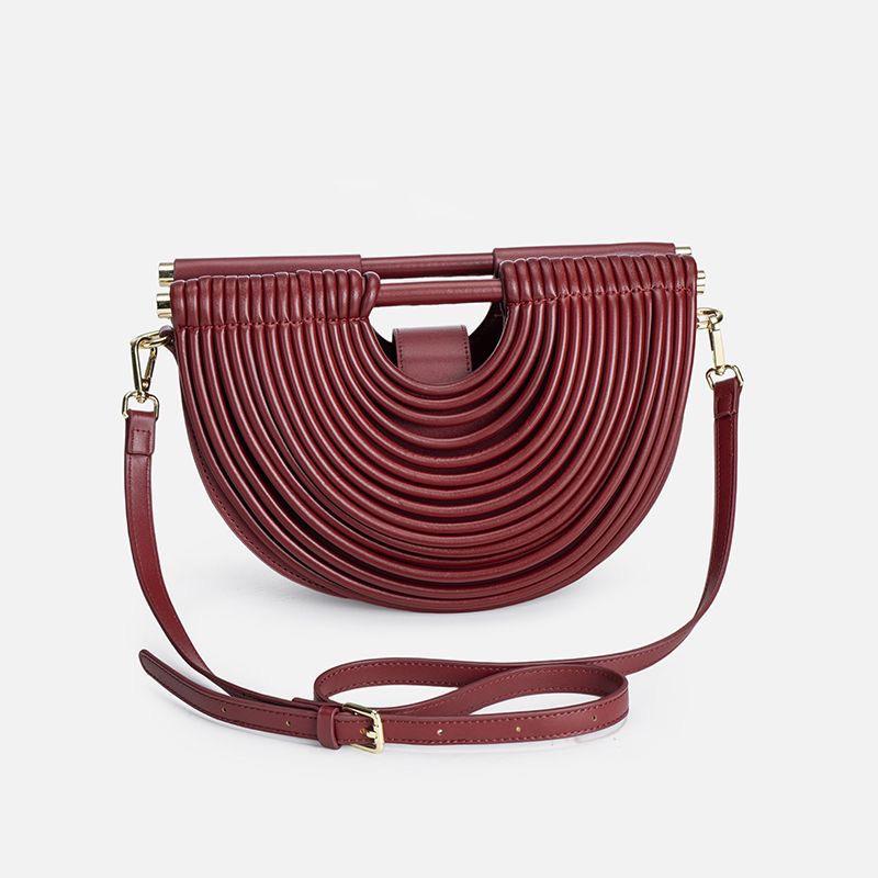 Designer Half‑Moon Ribbed Crossbody Bag in Wine Red