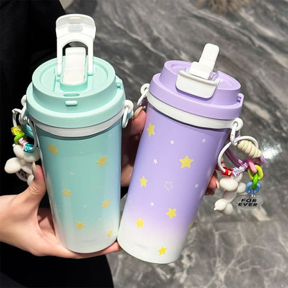 Cute Star Print Kids Water Bottle with Flip Straw & Carry Strap
