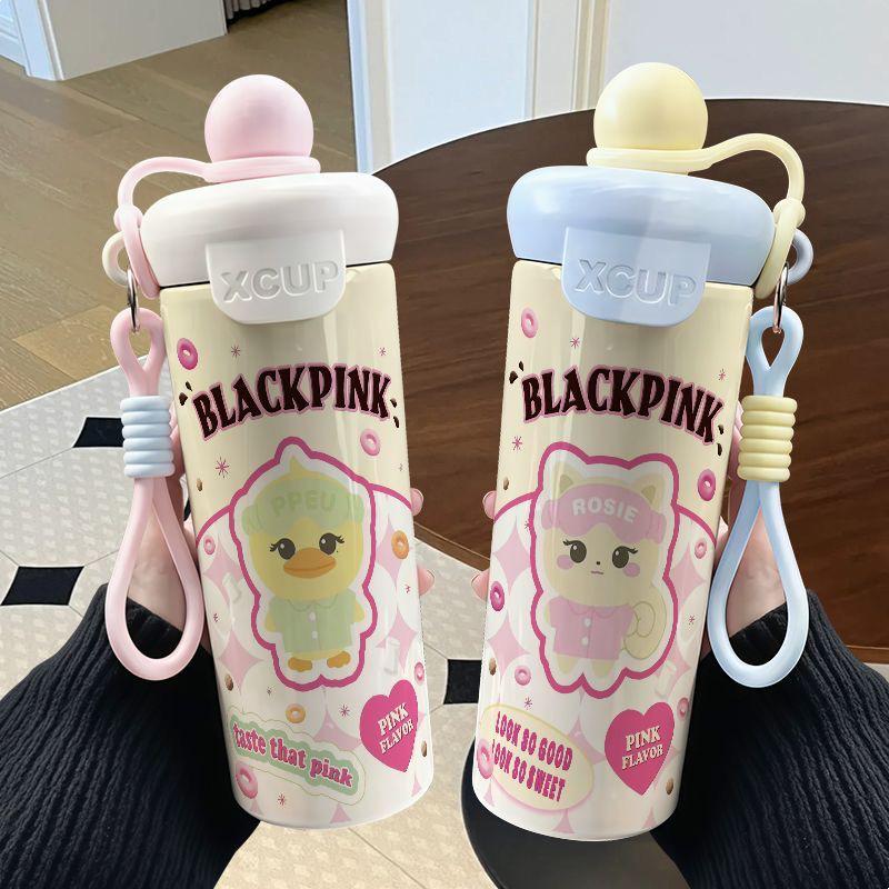 Cartoon Print Kids Water Bottle with Flip Straw & Carry Handle