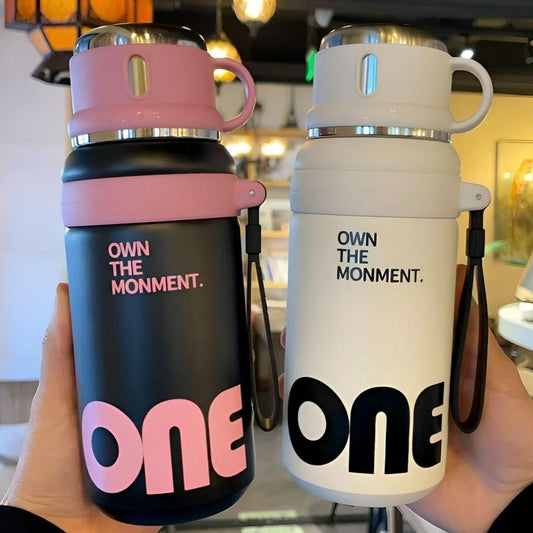 Trendy Heart Print Water Bottle with Lock Lid & Detachable Shoulder Strap