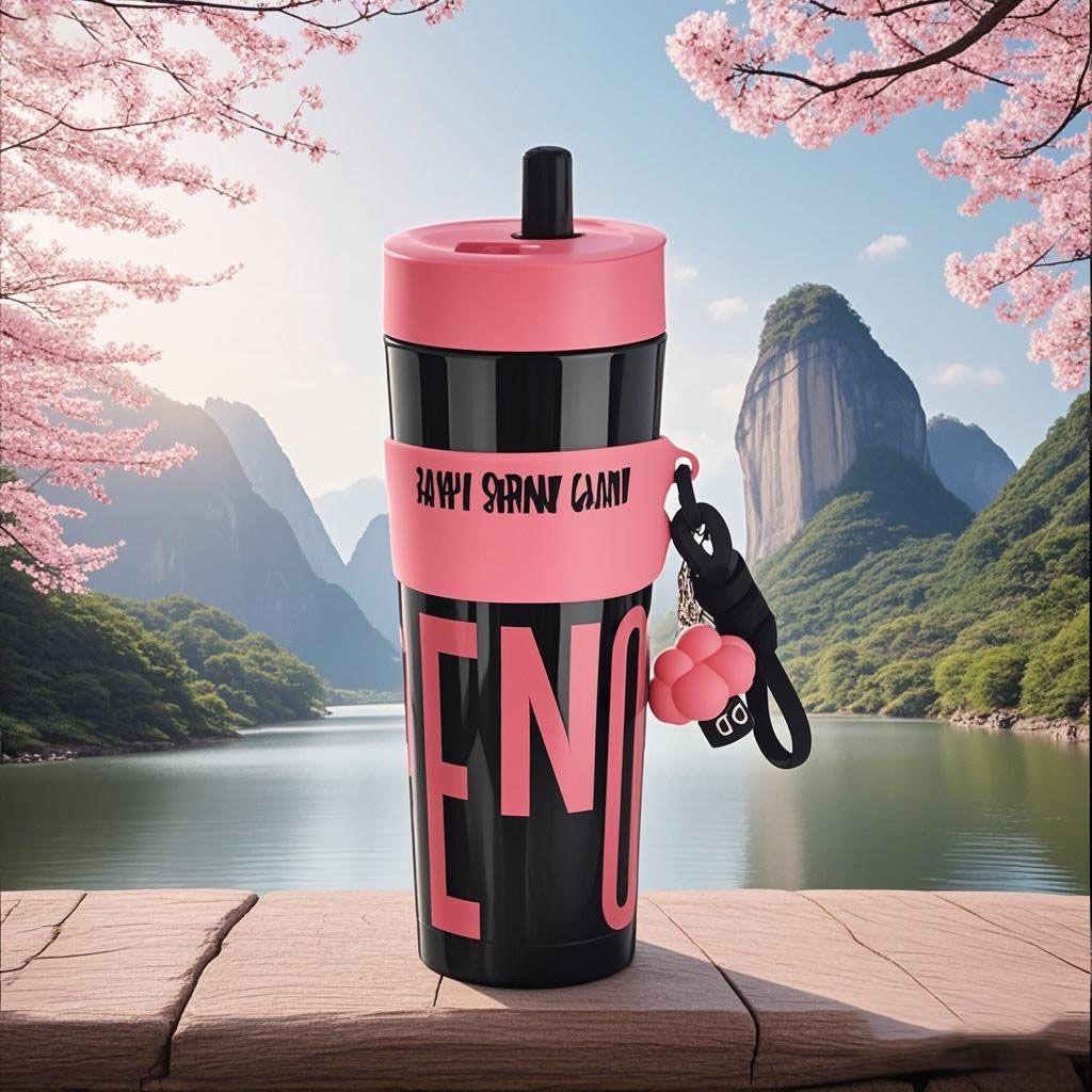 Stylish Black & Pink Travel Tumbler with Straw Lid and Wrist Strap