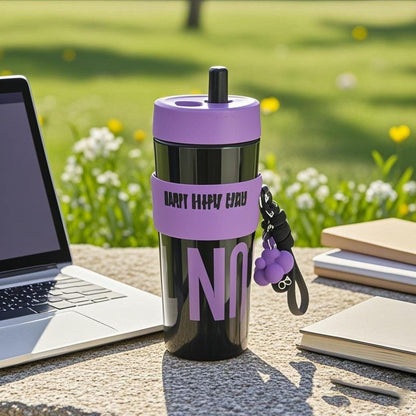 Stylish Black & Pink Travel Tumbler with Straw Lid and Wrist Strap