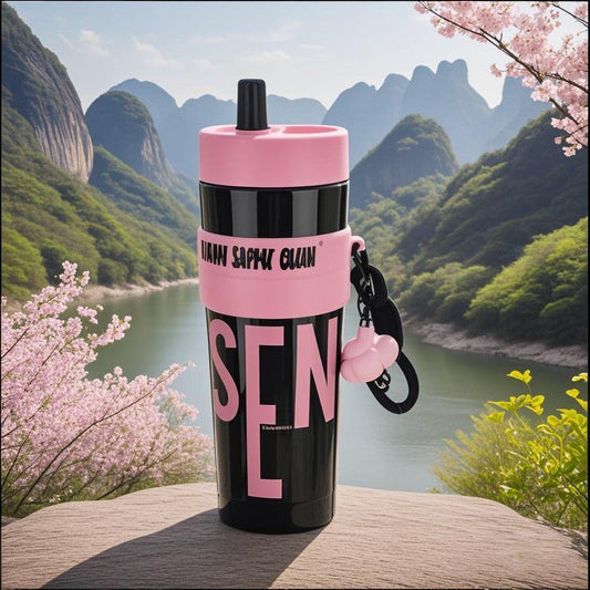 Stylish Black & Pink Travel Tumbler with Straw Lid and Wrist Strap