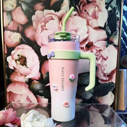 Cute Pastel Coffee Tumbler with Handle, Straw & 3D Charms