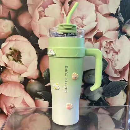 Cute Pastel Coffee Tumbler with Handle, Straw & 3D Charms