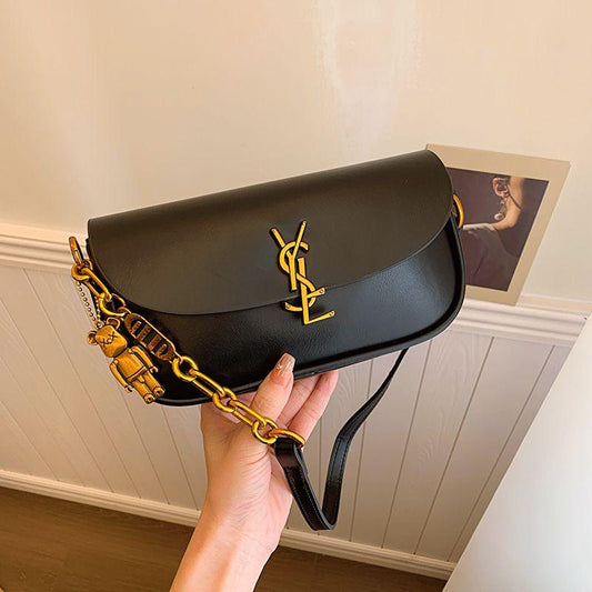 Classic Black Shoulder Bag with Gold Logo Detail