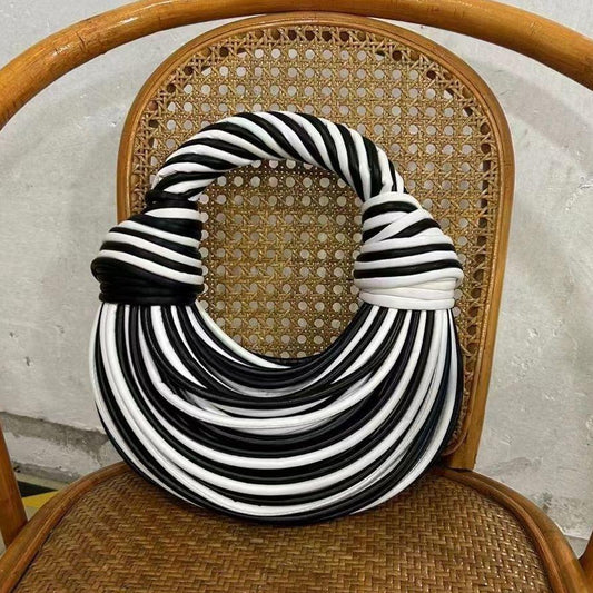 Statement Black & White Circular Handbag – Artistic Rope Design