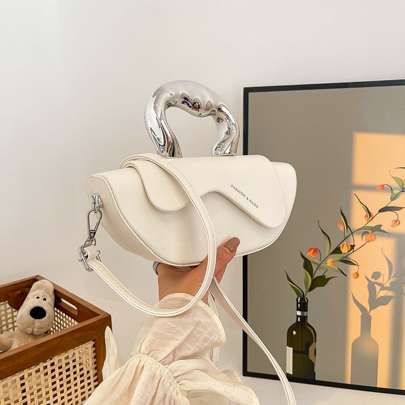 Elegant Nude Half‑Moon Handbag with Metal Handle & Crossbody Strap