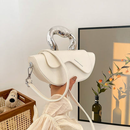 Elegant Nude Half‑Moon Handbag with Metal Handle & Crossbody Strap