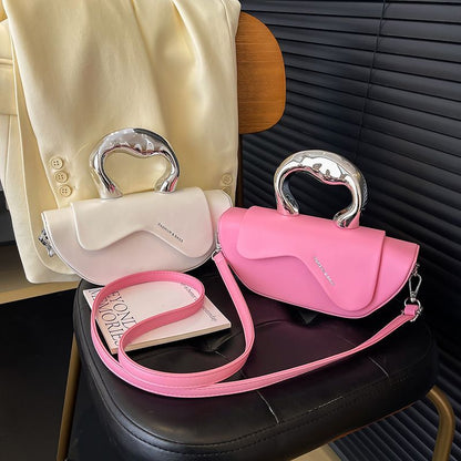 Elegant Nude Half‑Moon Handbag with Metal Handle & Crossbody Strap