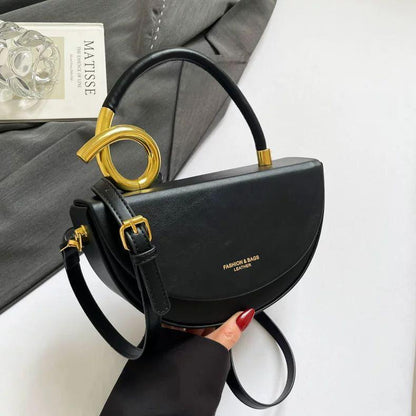 Chic Nude Half‑Moon Handbag with Gold Spiral Handle & Crossbody Strap